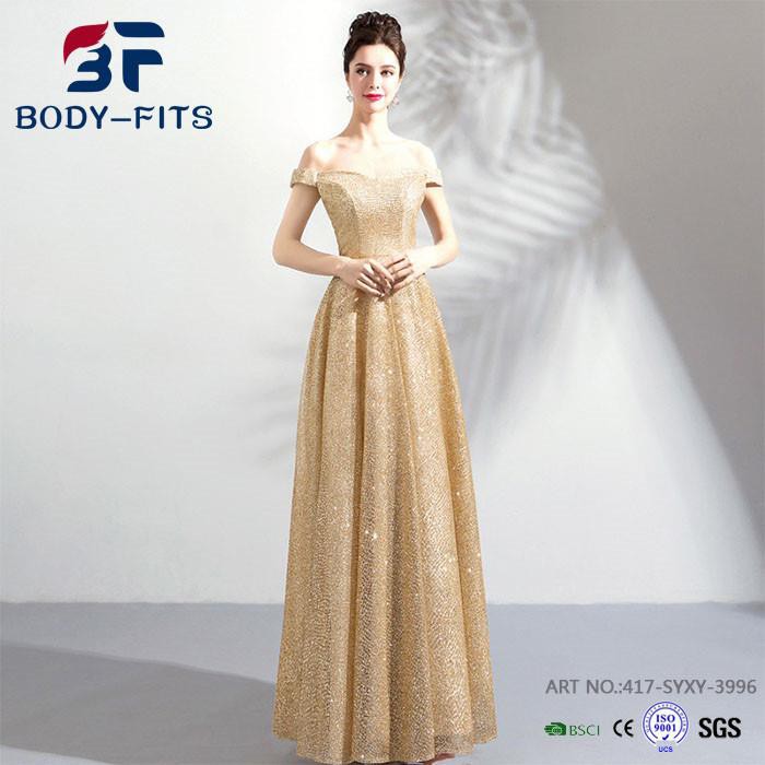 Shinny Off Shoulder Gold Evening Dress